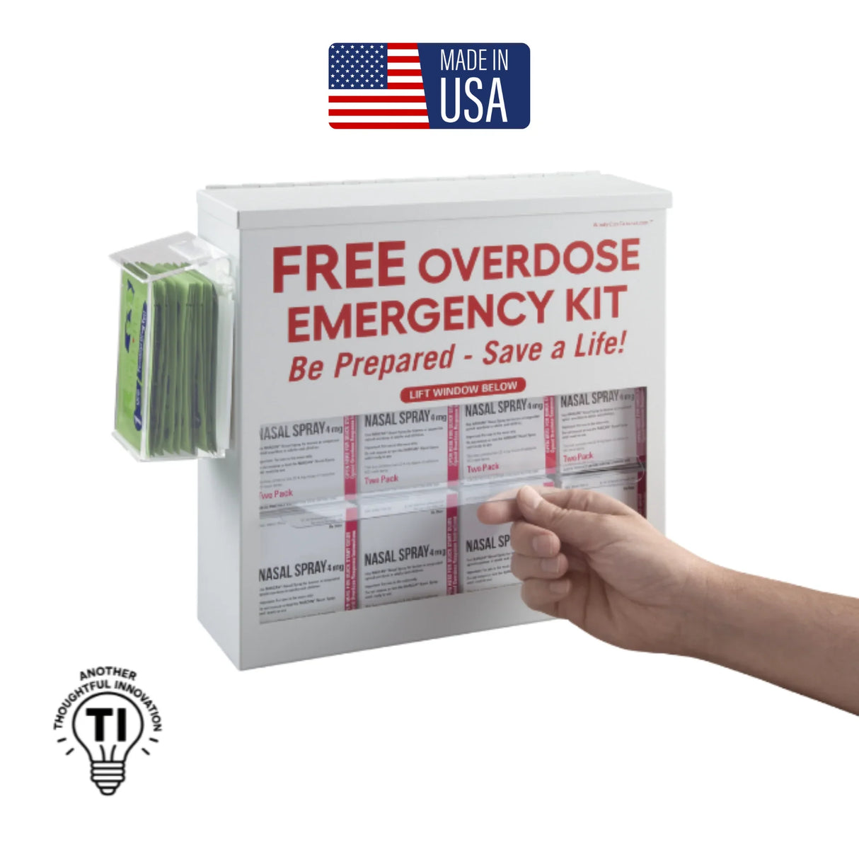 Wall-mounted emergency overdose kit cabinet with nasal spray, hand lifting cover, Made in USA badge