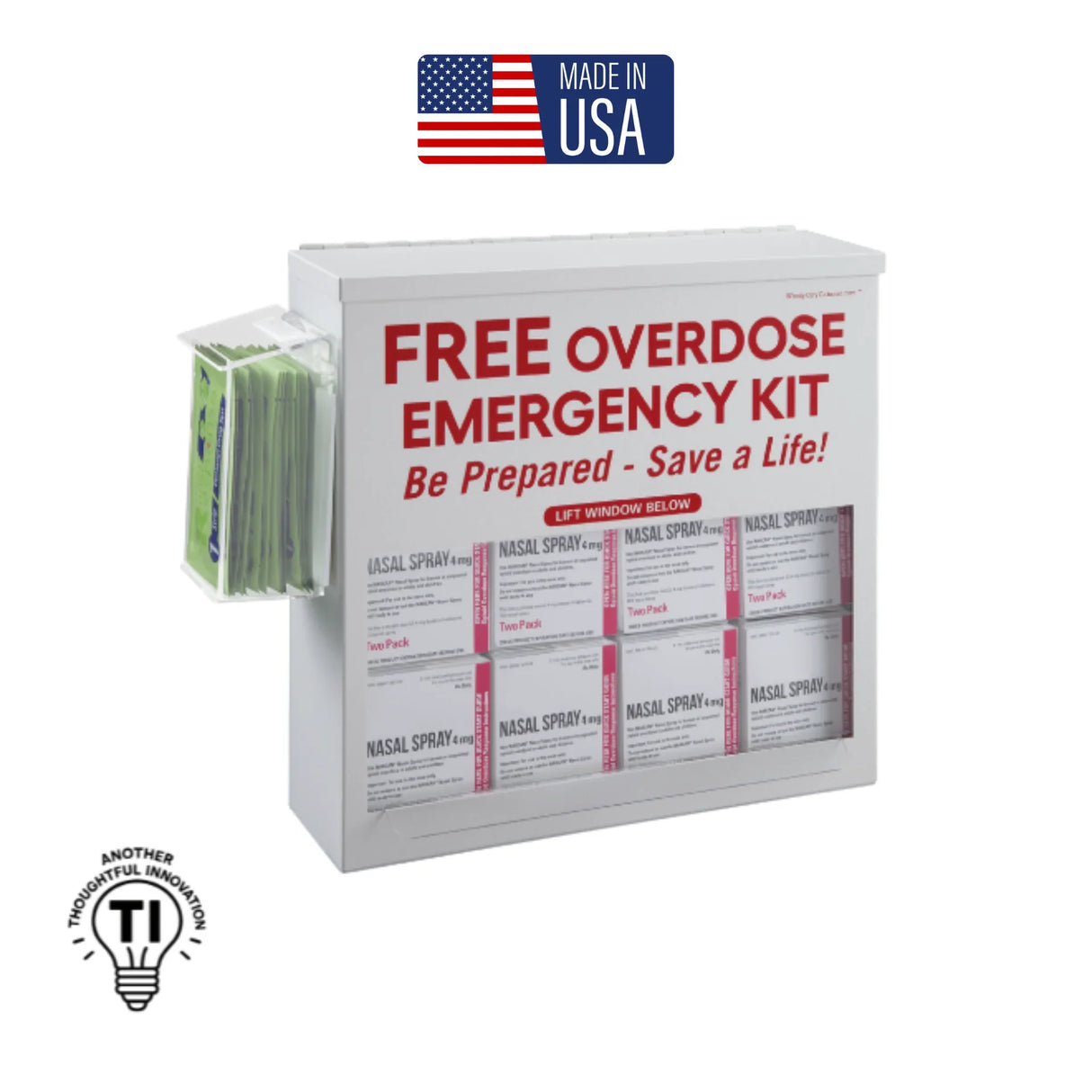 Wall-mounted overdose emergency kit with nasal spray and first aid supplies, made in USA.