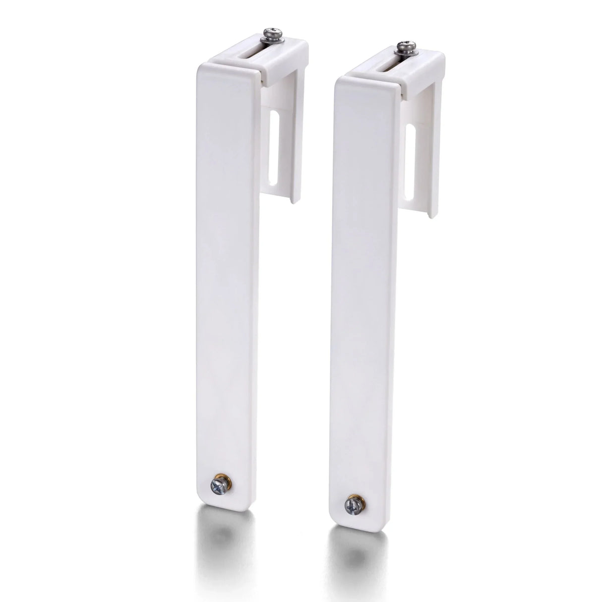 White plastic mounting brackets with screws for office or school workspace organization
