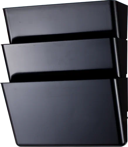 Black plastic wall file organizer with three vertical stacking pockets