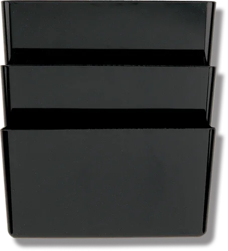 Black plastic wall-mounted file organizer with three stacking tiers for office storage