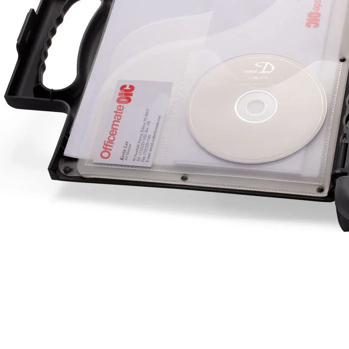 Portable clipboard storage case open with business card and CD organizer pockets