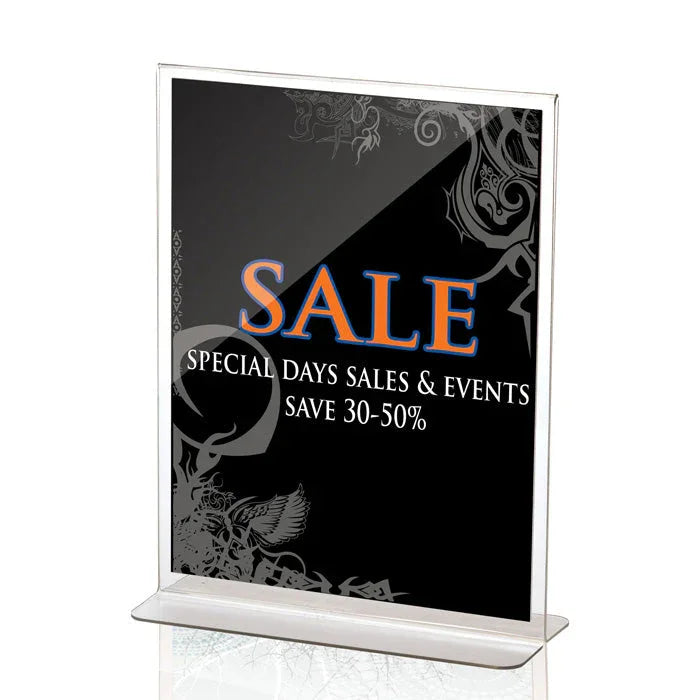 Upright 8.5x11 inch clear acrylic sign holder displaying sale event promotion