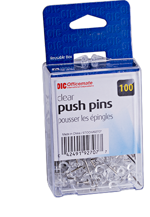 Push Pins, Clear, 100-Peggable Reusable Box