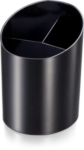 Black recycled plastic pencil cup organizer with three divided sections