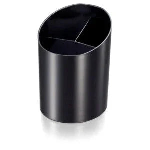 Black recycled pencil cup organizer with three compartments for desk storage