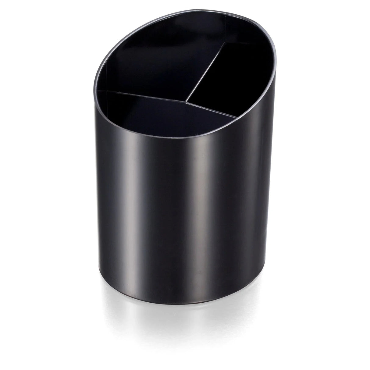 Black recycled pencil cup organizer with three compartments on a white background