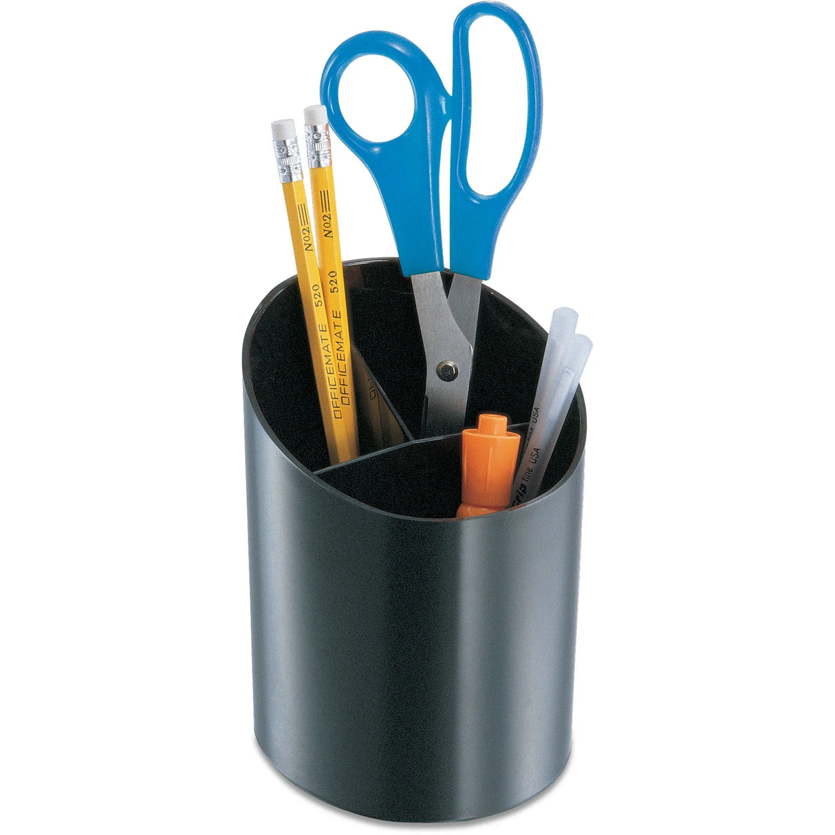 Black pencil cup organizer holding scissors, pencils, pens, and highlighters on white background