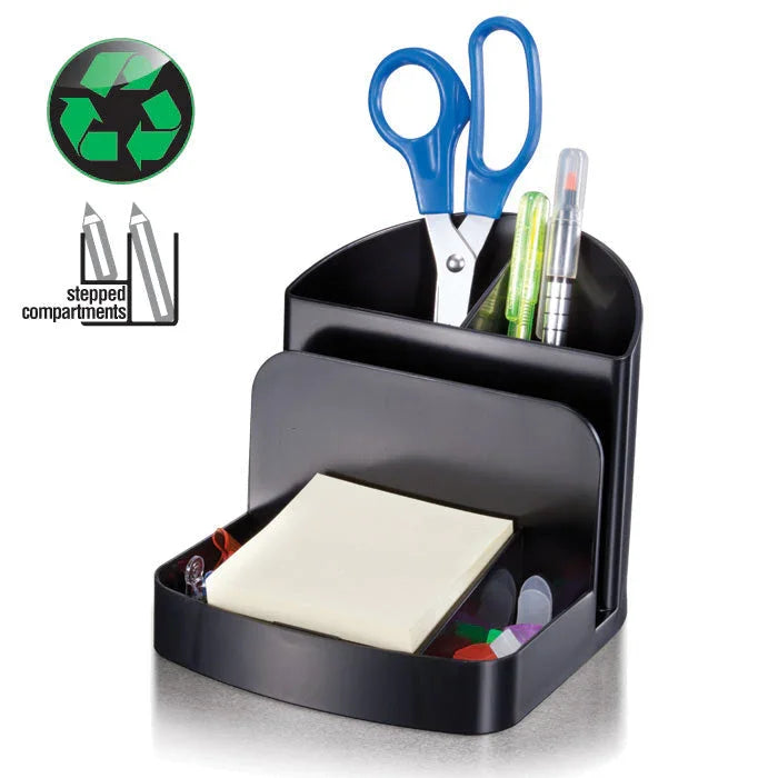 Recycled black desk organizer with stepped compartments holding office supplies