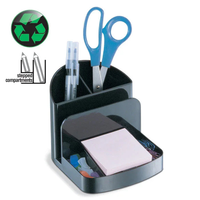 Recycled black desk organizer with scissors, pens, sticky notes, and paper clips