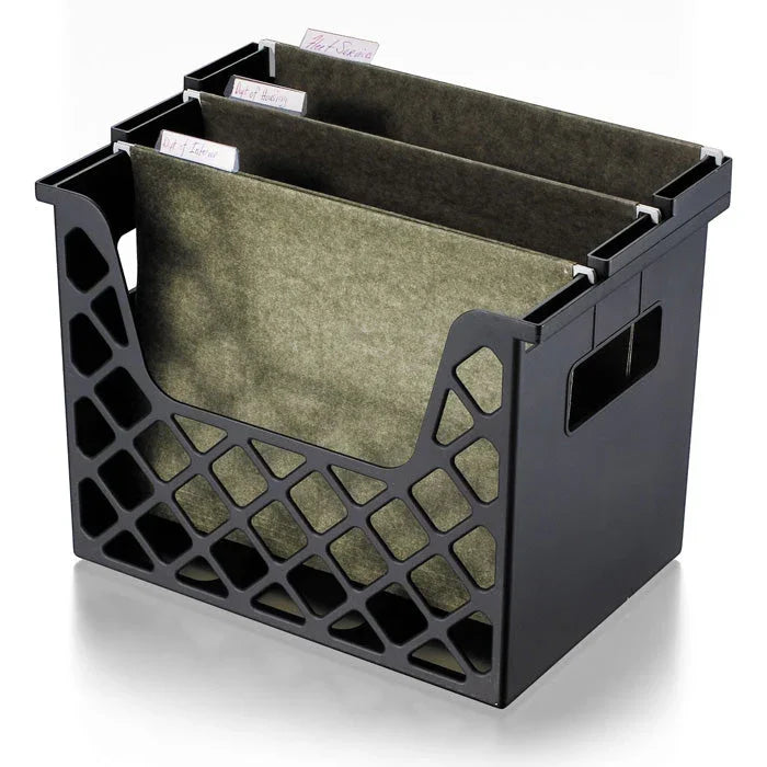 Recycled desktop file organizer with black lattice design and hanging file folders