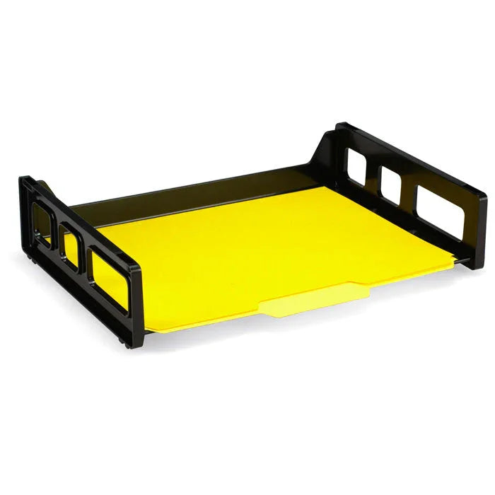 Black recycled plastic desktop letter tray with a bright yellow folder