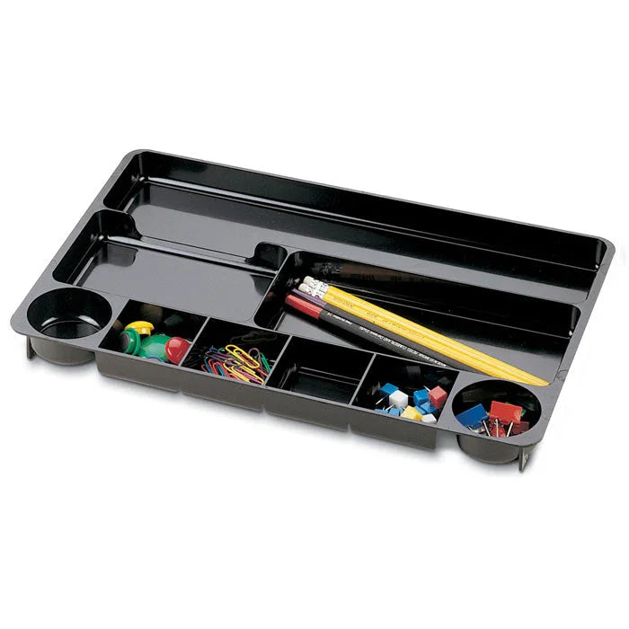 Black recycled plastic drawer organizer tray holding pencils, paper clips, push pins, and binder clips