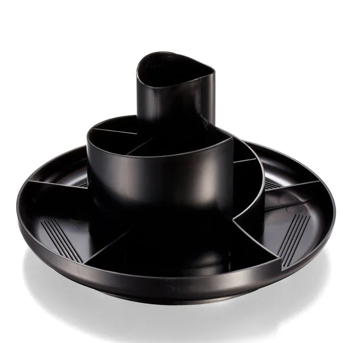 Black rotary organizer with multiple compartments for office or desk supplies