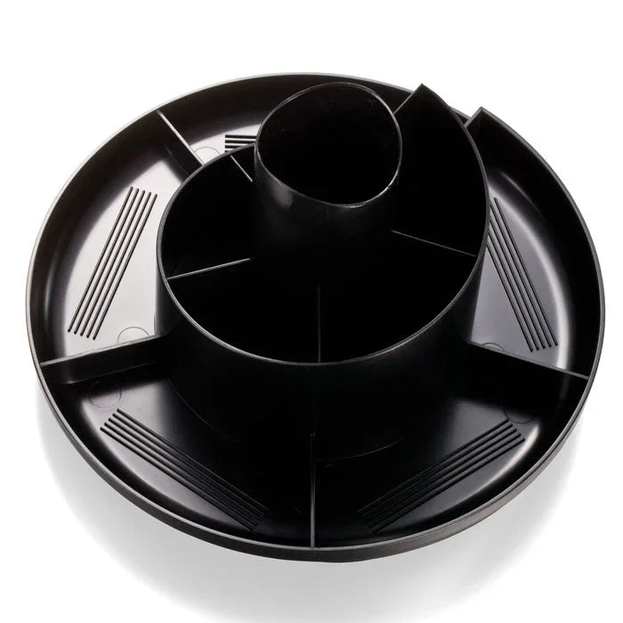 Black plastic rotary desk organizer with multiple compartments for office supplies