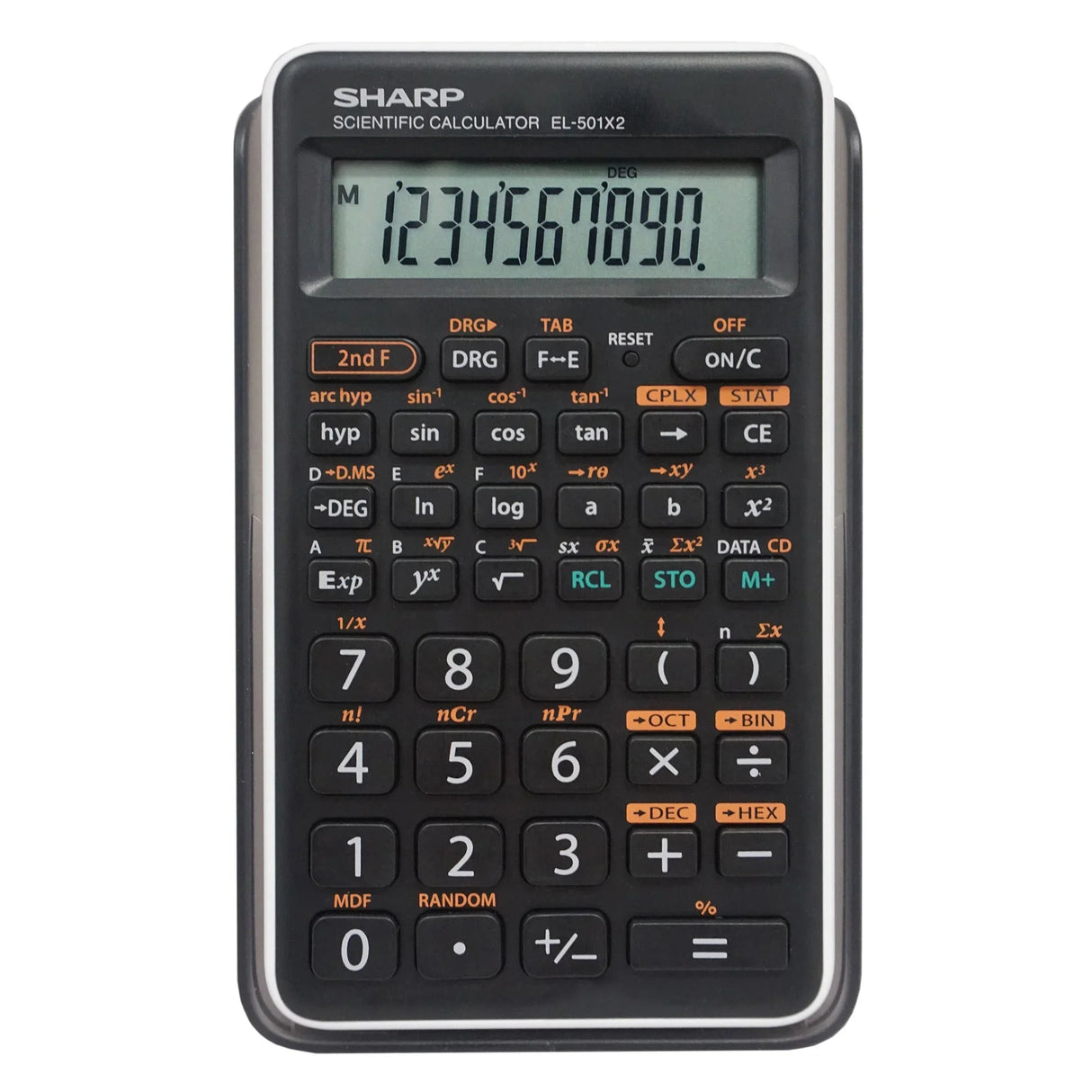 Sharp scientific calculator with multi-function buttons and digital display