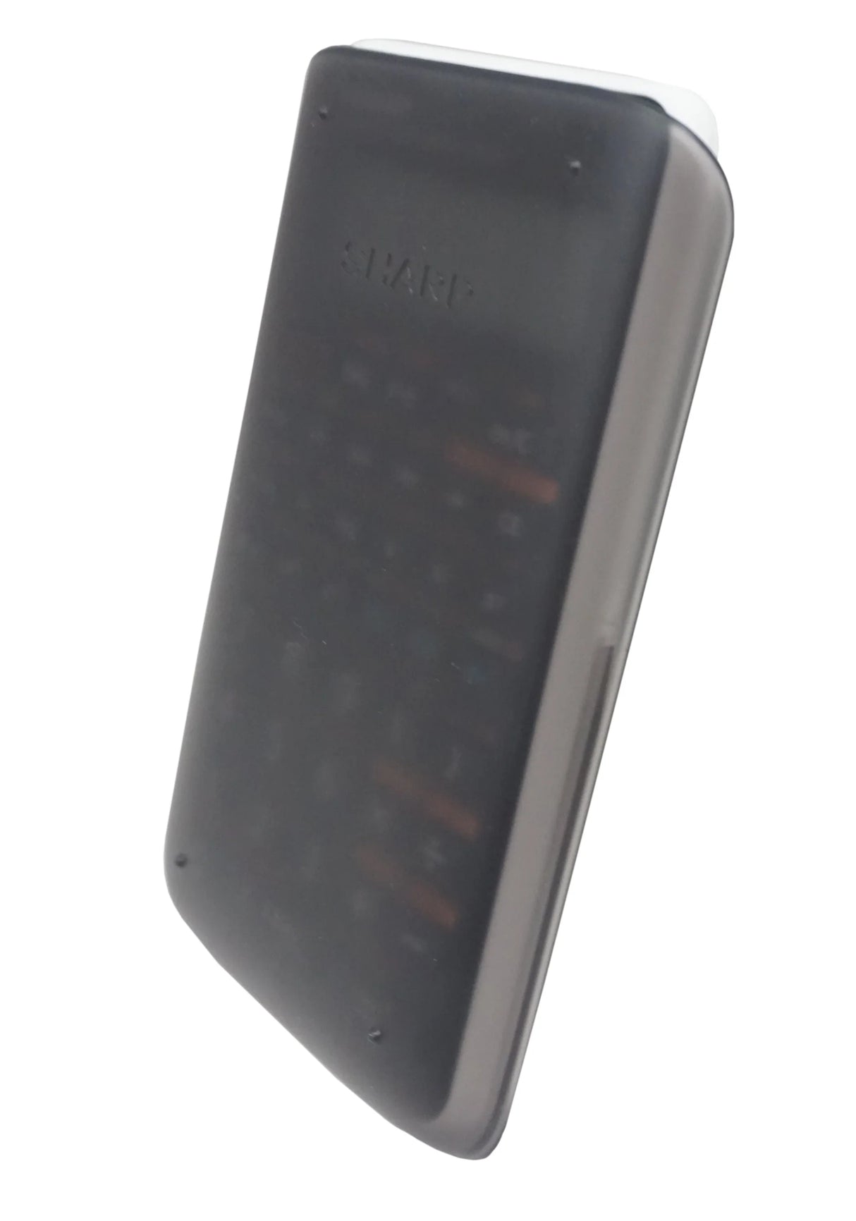 Scientific calculator with protective black cover, angled view, office and school accessory