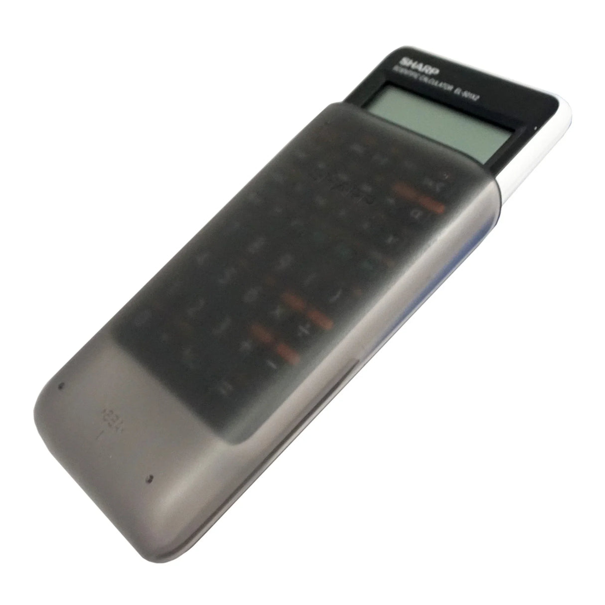 Scientific calculator with protective sliding case, partial display visible, isolated on white background.