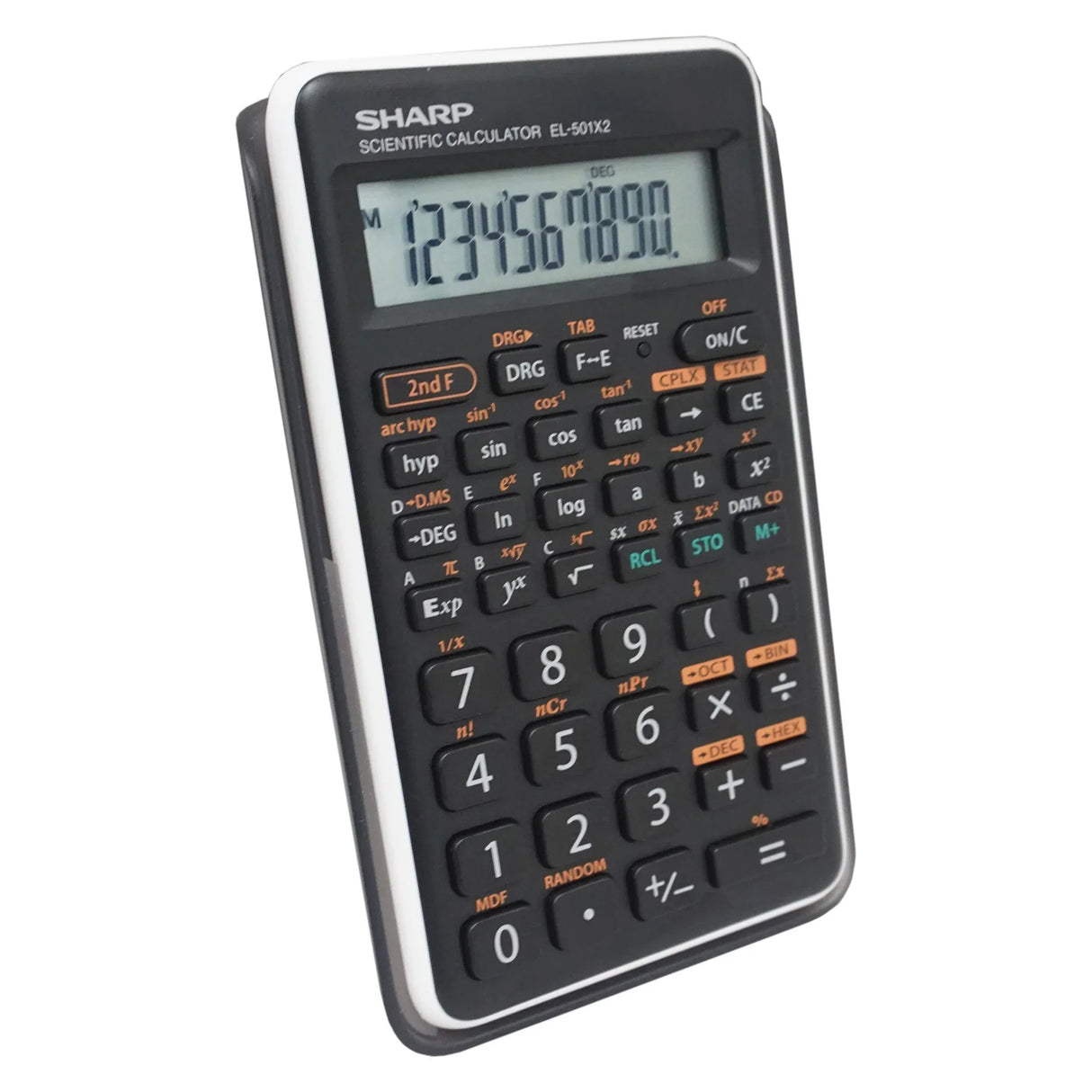 Scientific calculator with black keys and large LCD display showing numbers