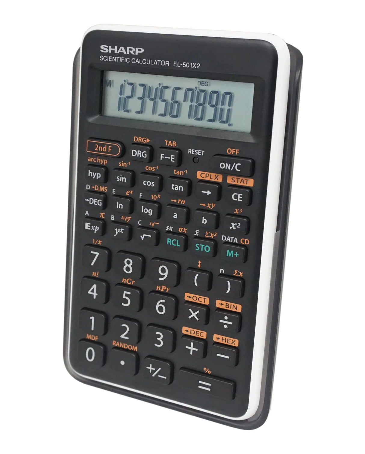 Scientific calculator with large display and multiple function buttons