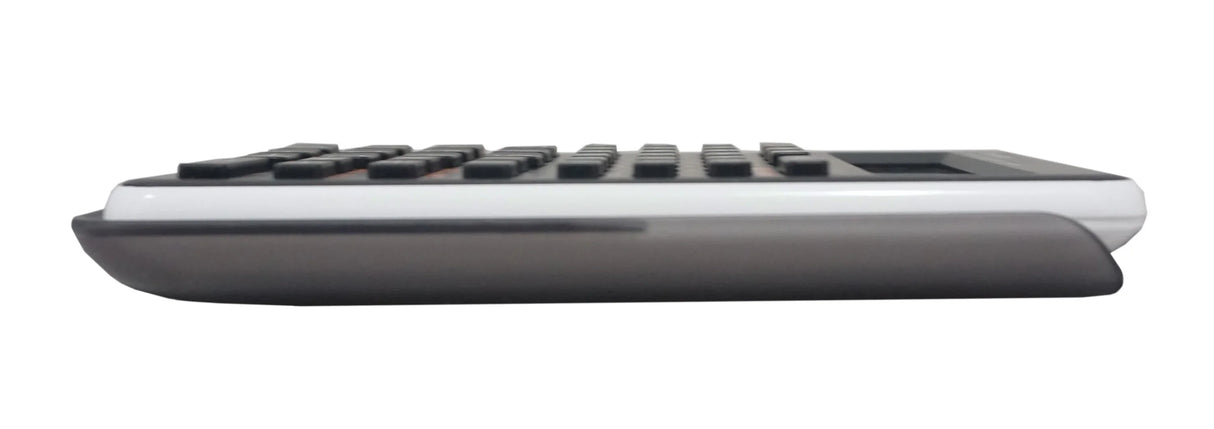 Side view of a scientific calculator with black keys and a white body