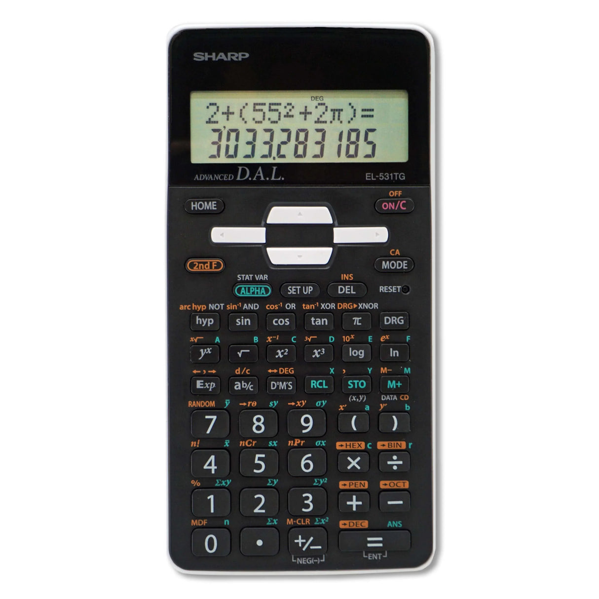 Scientific calculator with two-line display showing a large equation and answer, black buttons