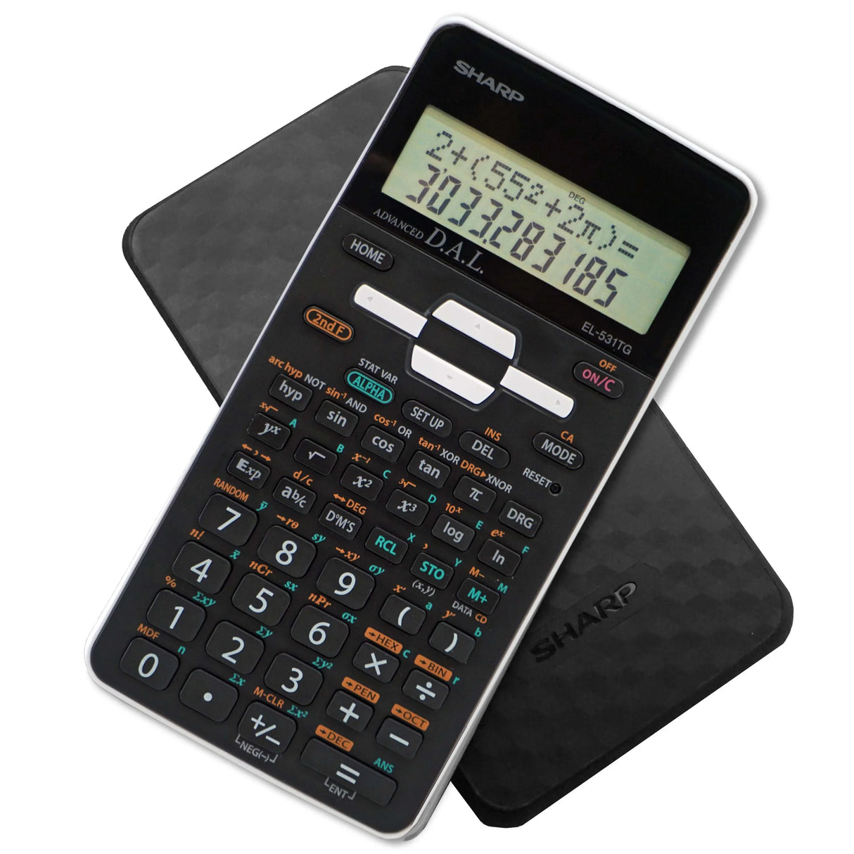 Scientific calculator with two-line display, black protective cover, and advanced function keys