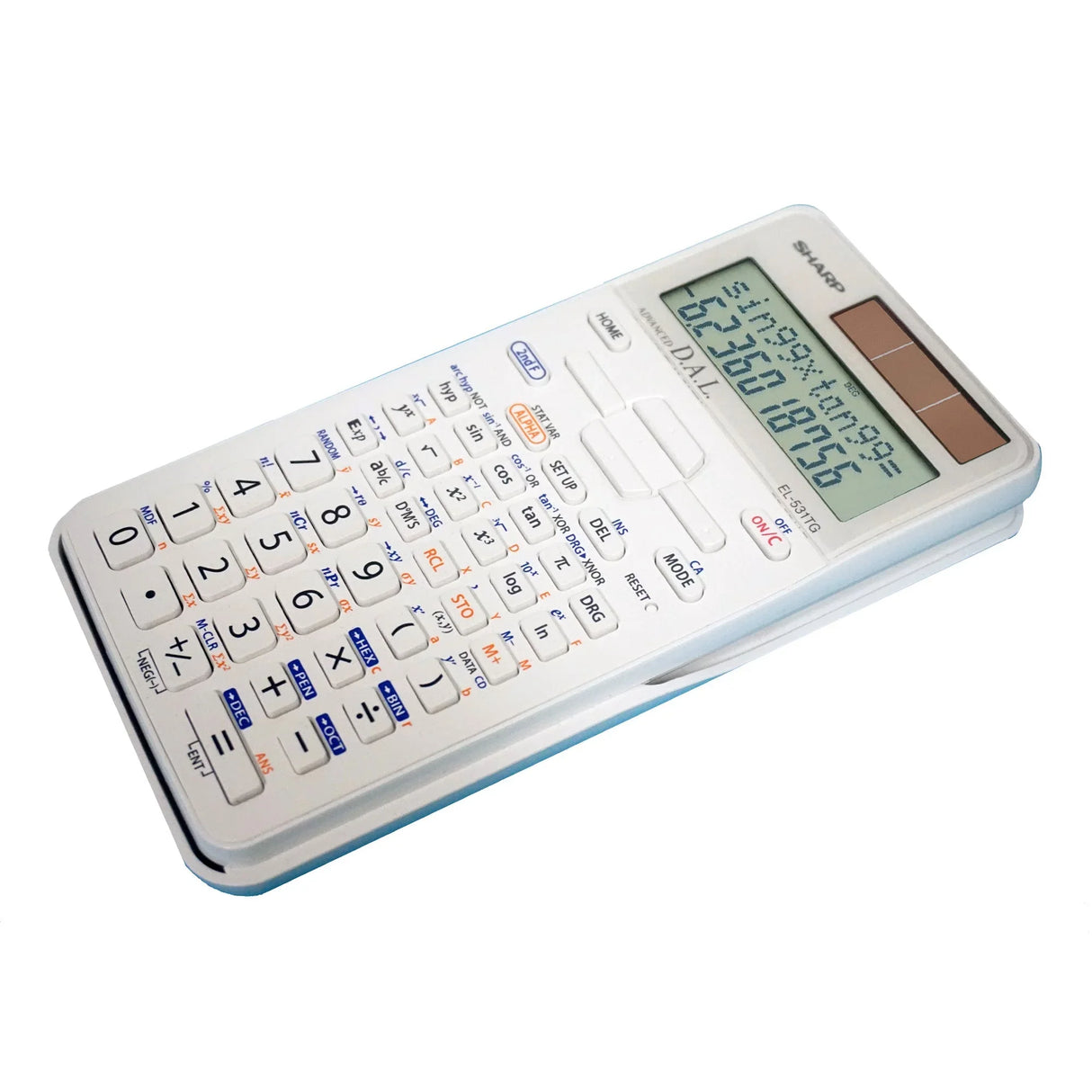 Scientific calculator with two-line display, solar panel, and white keypad on white background