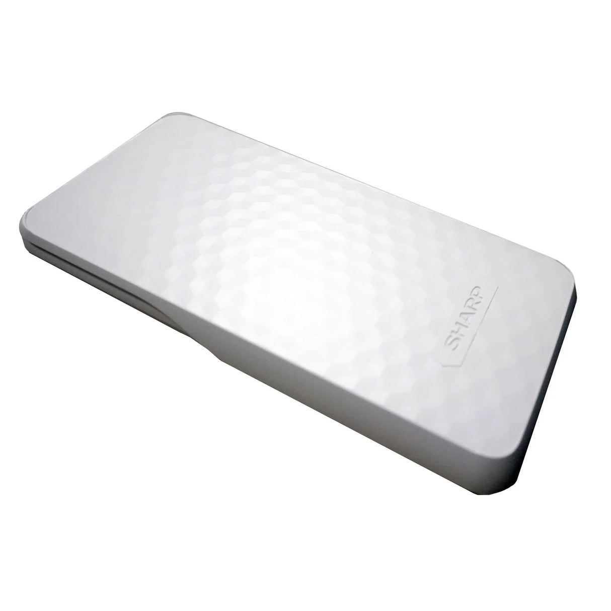 White protective cover with geometric texture and embossed SHARP logo, isolated on white background