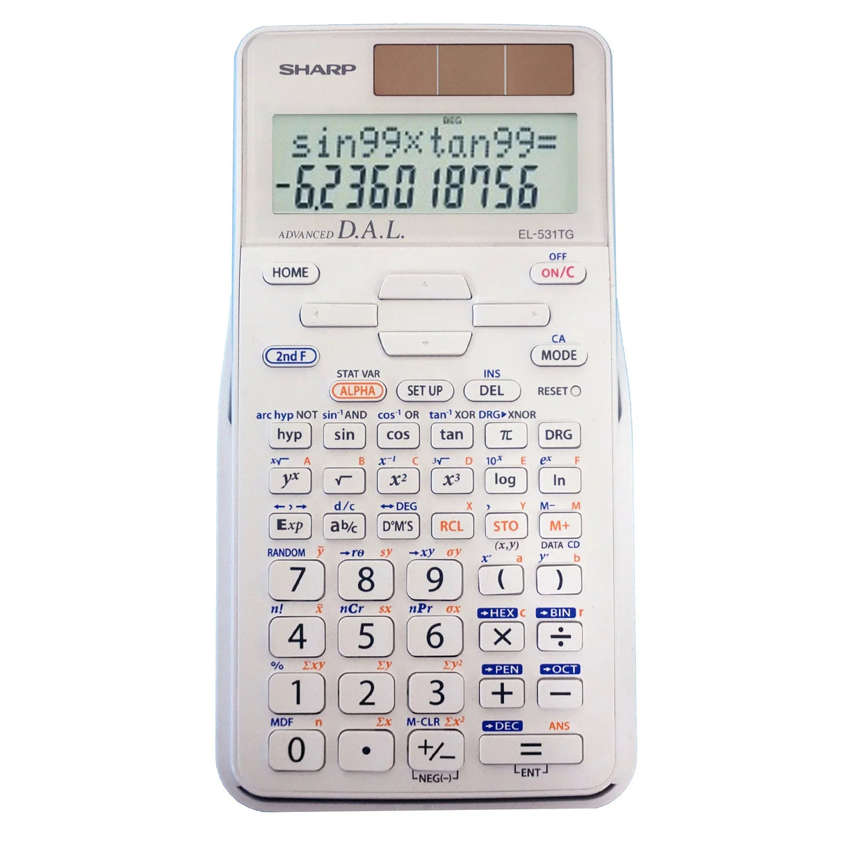 Scientific calculator with two-line display showing trigonometric calculation and white keypad