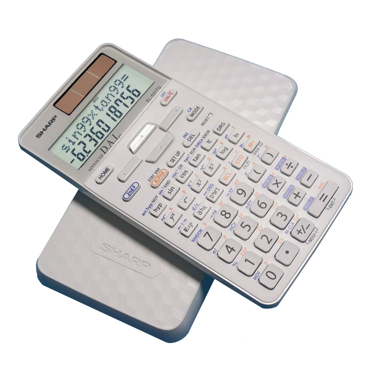 Scientific calculator with two-line display and protective cover on white background
