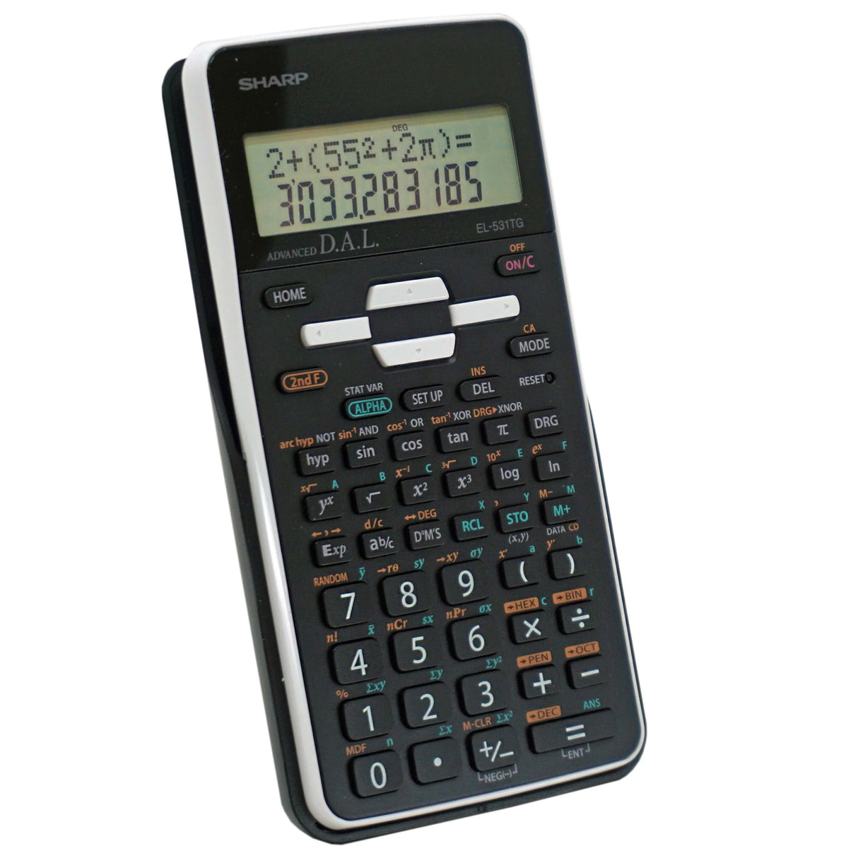 Scientific calculator with two-line display, multiple function buttons, and math equation shown