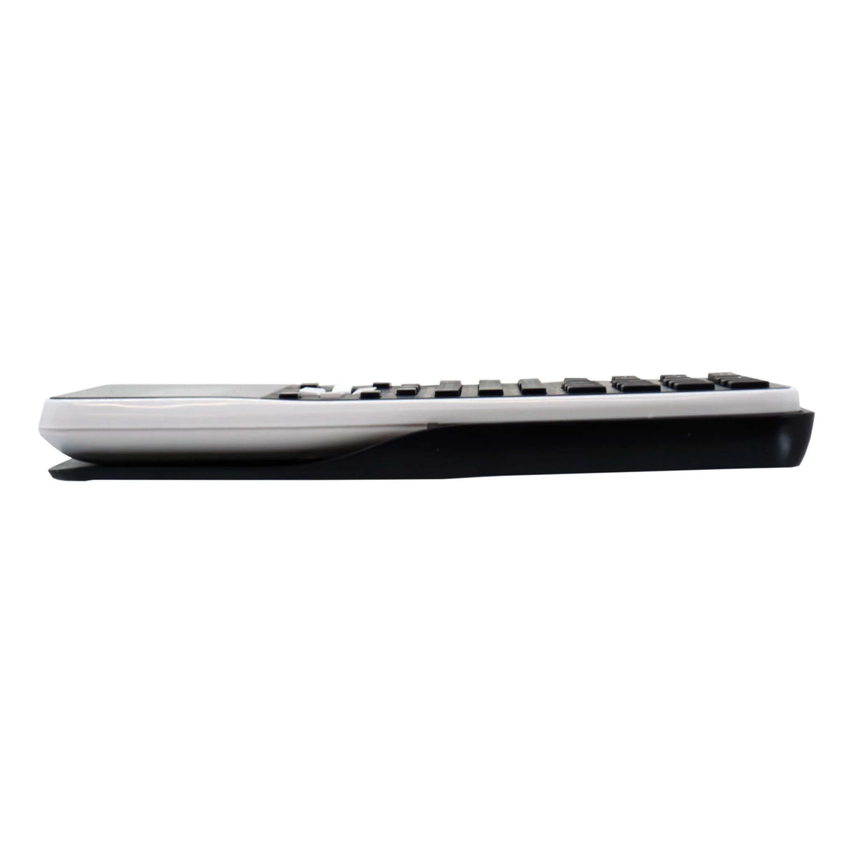 Side view of a slim, two-line display scientific calculator on white background