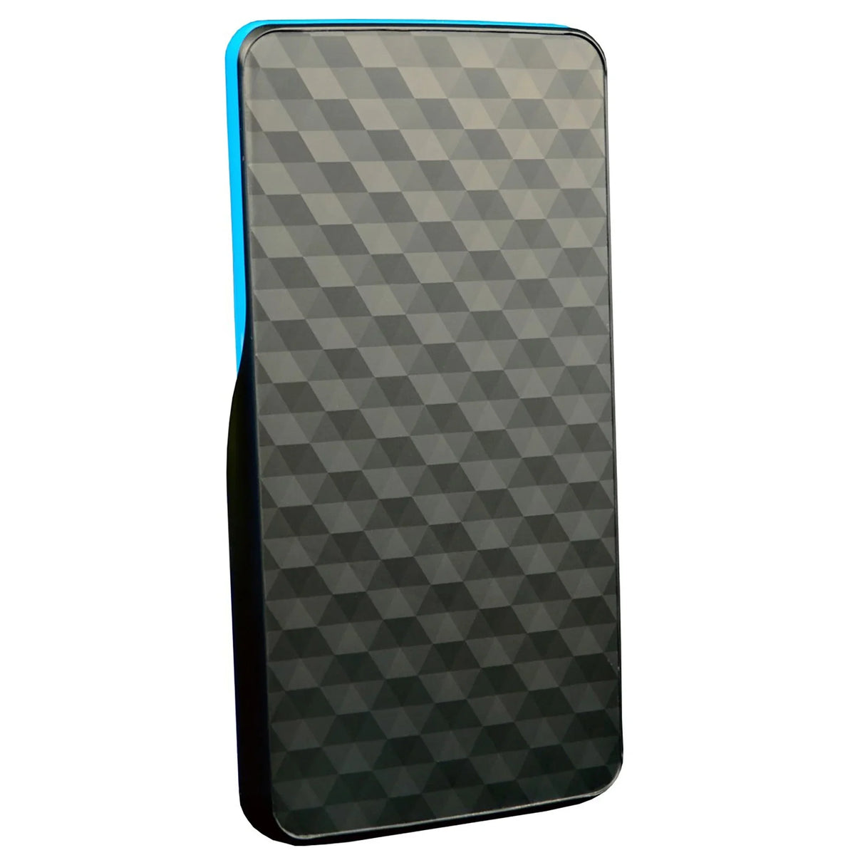 Back view of a scientific calculator with a black, geometric-patterned cover.