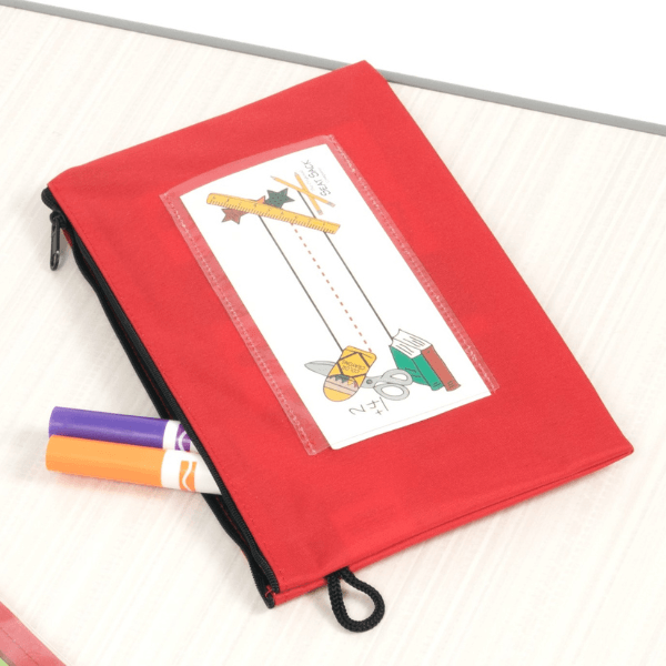 Red pouch with a cartoon design on a white background