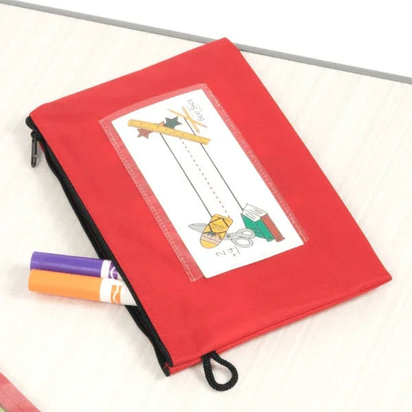 Red pouch with a cartoon design on a white background