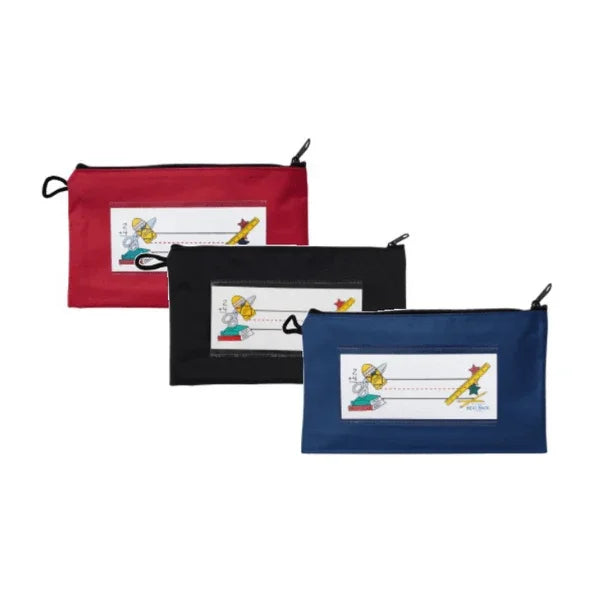 Three pouches in red, black, and blue with cartoon character designs on a white background.