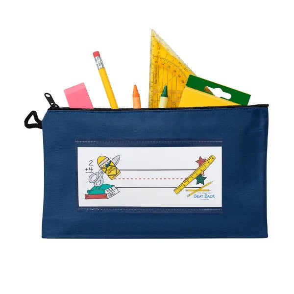 Blue pencil case with stationery items on a white background