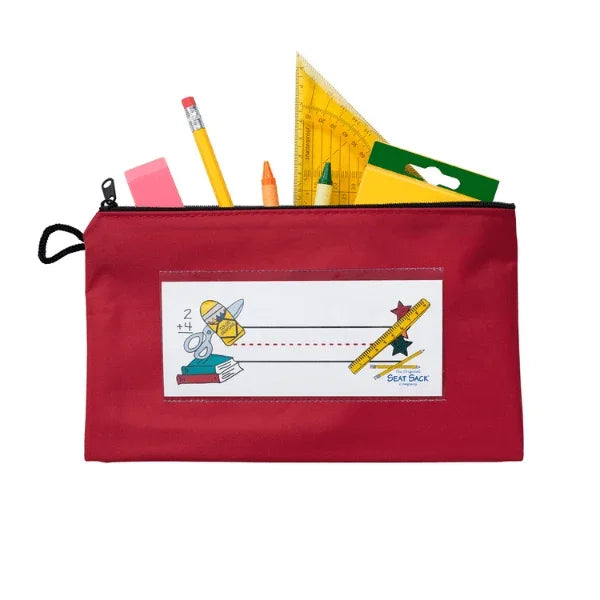 Red pencil case with stationery items on a white background