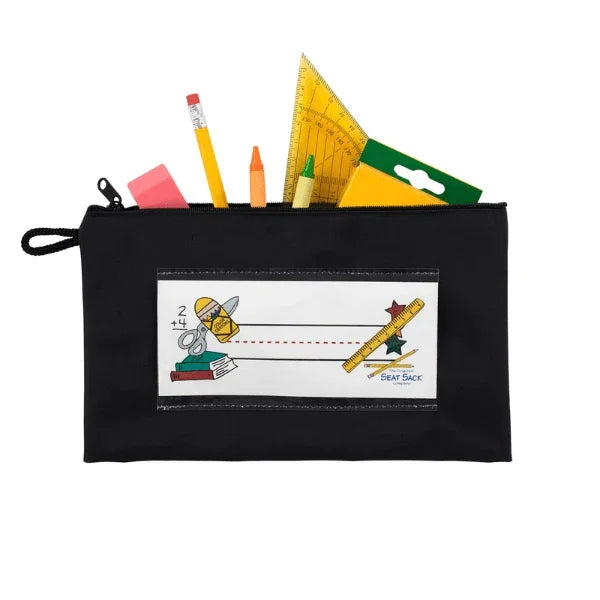 Black pencil case with stationery items and a visible brand logo on a white background