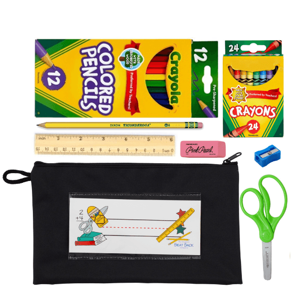 Assorted school supplies including colored pencils, crayons, a ruler, scissors, and a pencil case on a white background.