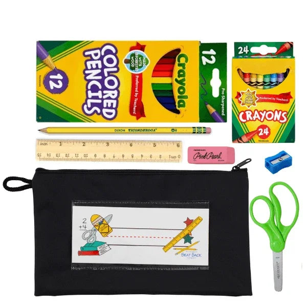 Assorted school supplies including colored pencils, crayons, a ruler, scissors, and a pencil case on a white background.
