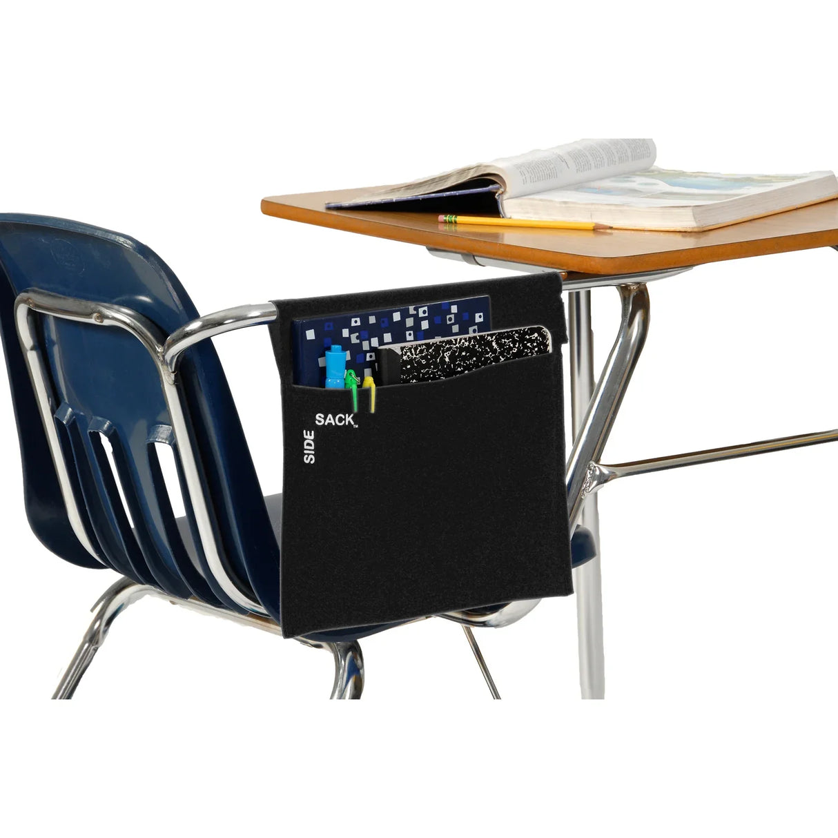 Black seat sack organizer on a student desk chair holding school supplies and notebooks