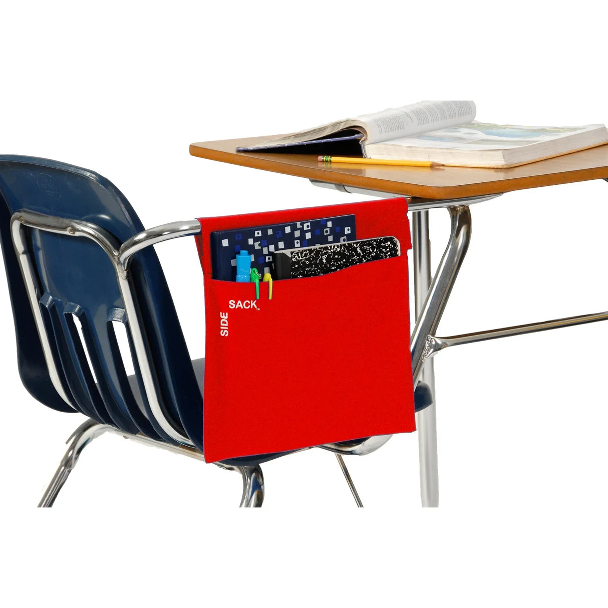 Red seat sack organizer attached to a classroom chair, holding notebooks and pens next to a desk.