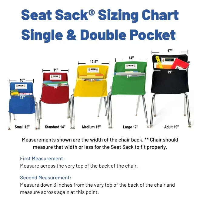 Seat Sack sizing chart showing five chair pockets in different sizes and colors with measurements.