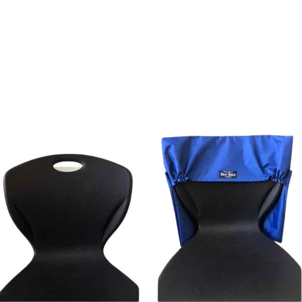 Black classroom chair with and without blue Seat Sack organizer cover