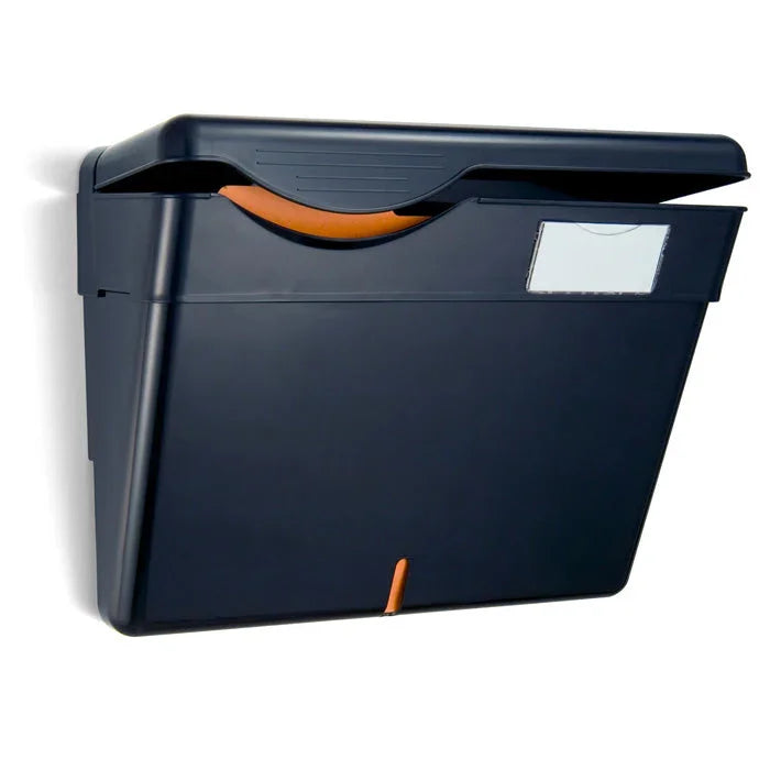Black wall-mounted hanging file organizer with orange tab and label slot for office storage