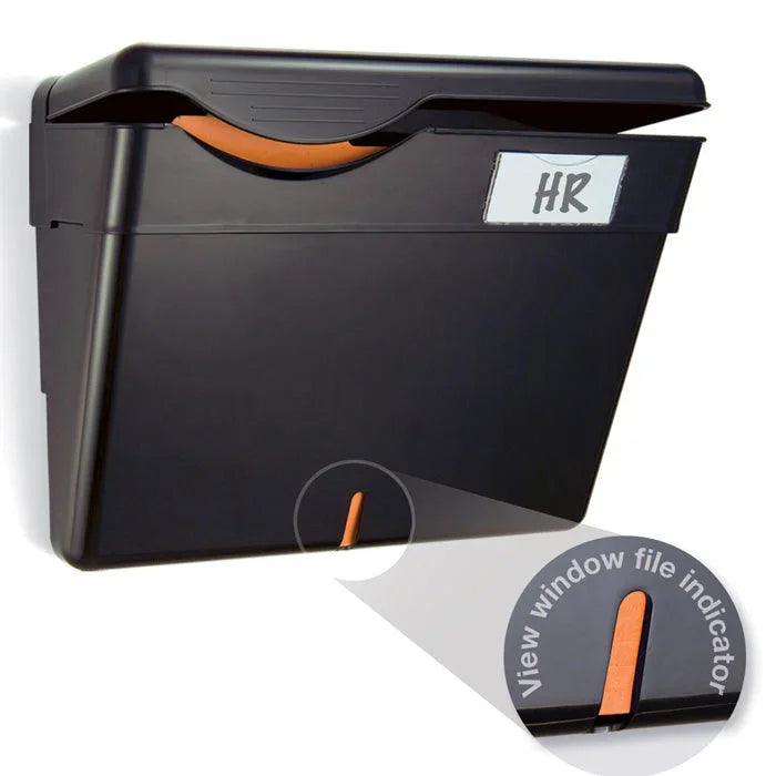 Black wall-mounted file organizer with label slot and view window file indicator