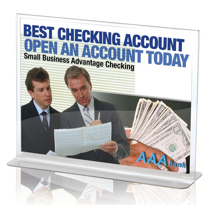 Clear acrylic sign holder displaying a business banking advertisement with two men and cash.