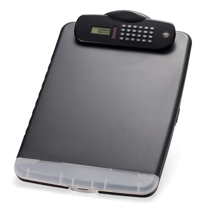 Slim Black Clipboard Storage Box with Calculator